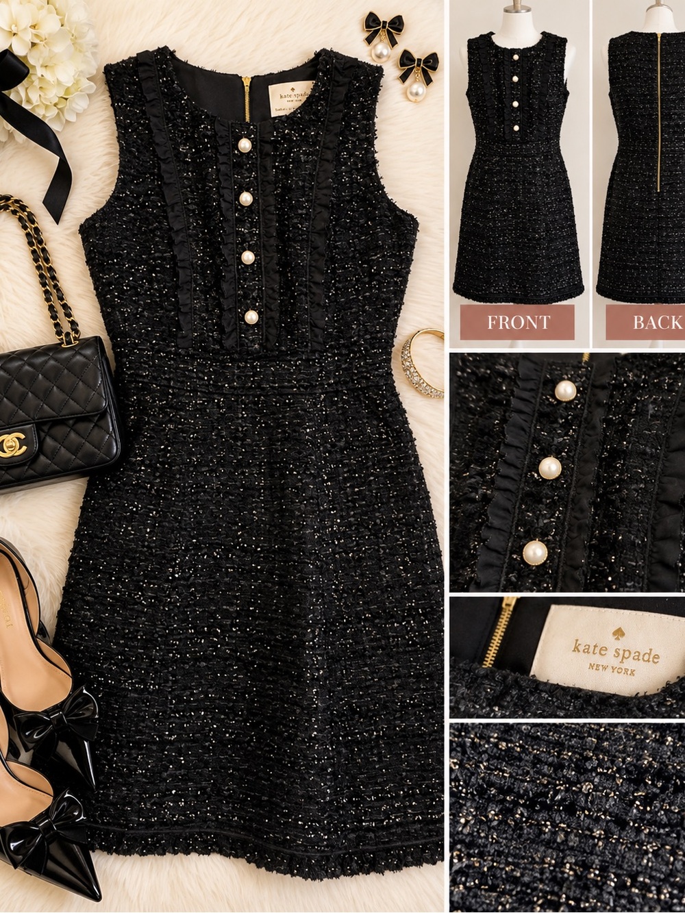 kate spade Black Tweed Pearl-Button Midi Dress